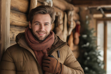 Obraz premium Portrait of a smiling man wearing gloves and a scarf while standing next to a wooden wall in a mountain cabin
