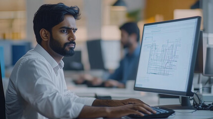Young professional Indian engineer sitting in modern office. Focused on computer screen, which displays 3D modeling software, construction projects. Office environment, other colleagues working at the