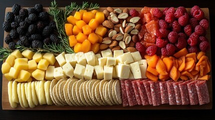 A vibrant charcuterie board featuring assorted cheeses, fruits, nuts, and meats, beautifully arranged