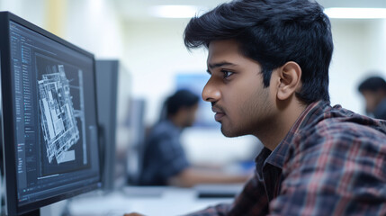 Young professional Indian engineer sitting in modern office. Focused on computer screen, which displays 3D modeling software, construction projects. Office environment, other colleagues working at the