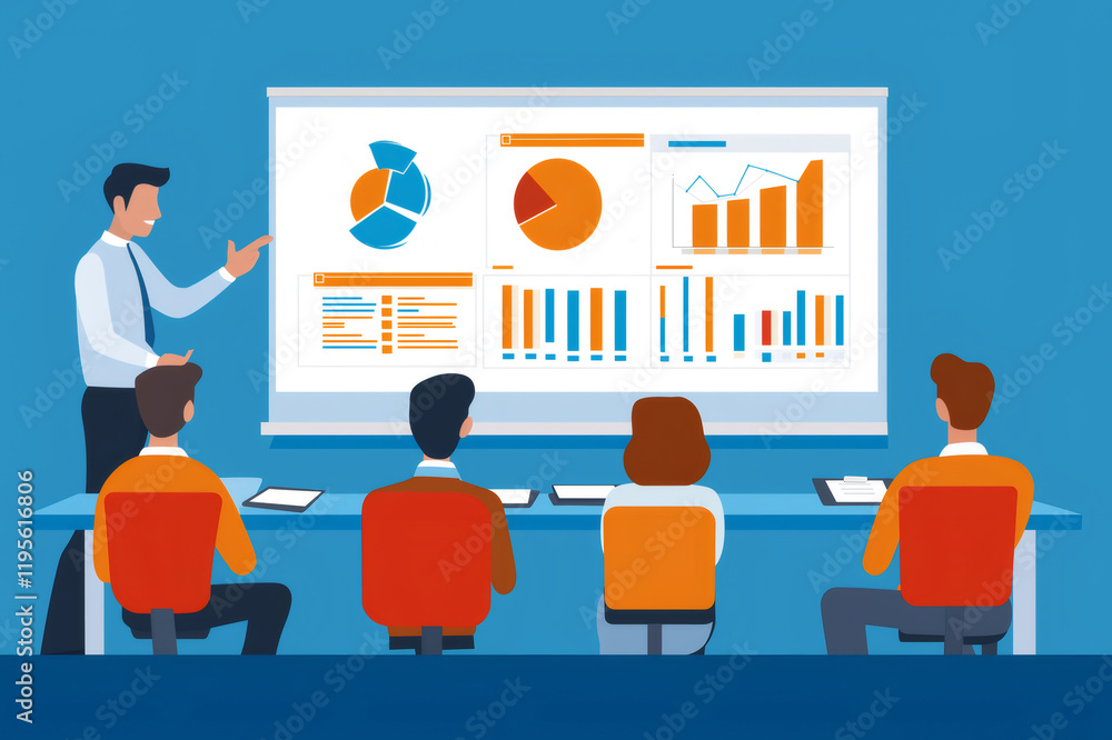Poster business presentation with manager pointing at interactive whiteboard showing sales data, charts and