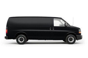 Side view of a black van on a white background. The van is a classic model, showcasing its sleek black design. Black van with simple, elegant lines.
