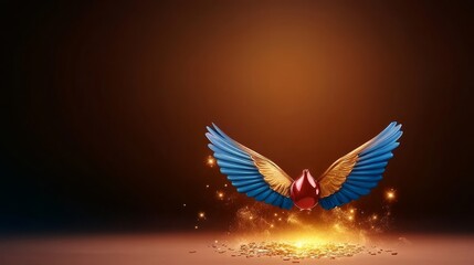 Obraz premium Golden and Blue Wings of Ascension - A vibrant image of golden and blue wings descending, emanating light and sparks, with a central red element. Symbolizes power, freedom, and transformation.