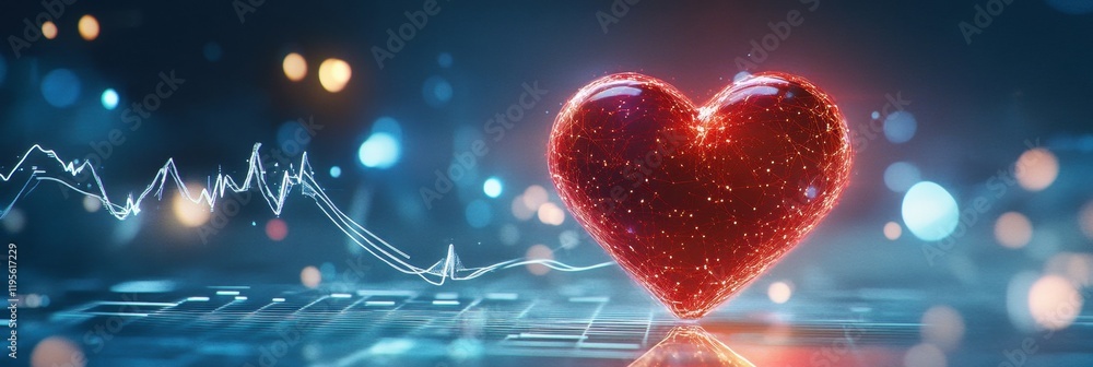 Poster glowing red heart with dynamic cardiogram shining in a vibrant digital landscape at night. generativ