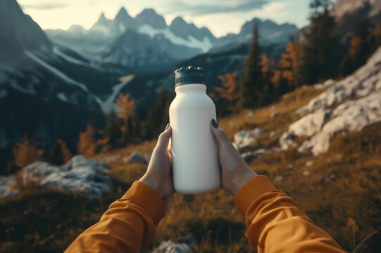 Woman holding a reusable water bottle while enjoying a sunny autumn day in the breathtaking Italian Alps, surrounded by stunning mountain views