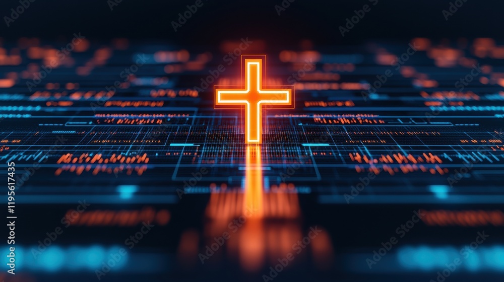 Poster digital cross symbol illuminated in a futuristic data network, representing spirituality in technolo