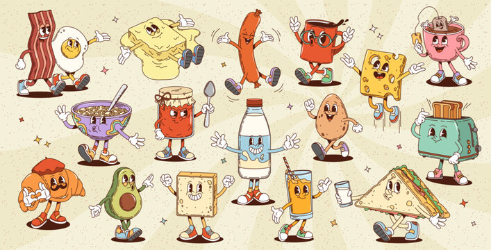 Retro cartoon groovy breakfast characters. Bacon, egg, sausage, coffee or tea cup. Cheese and butter, oatmeal porridge, jam jar, milk, croissant, avocado and toast, glass, juice, sandwich or toaster