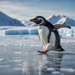Obraz premium Ice emperor south pole waddling Winter Arctic Polar Penguin Seabird. Gentoo Penguin stretching and flapping flippers. In the midst of falling snow, a Gentoo penguin stands on a snow-covered ground 