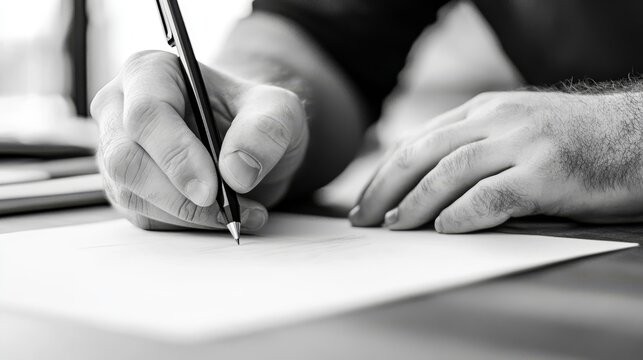 Hand Writing on Paper - Close-up of a hand writing with a pen on a piece of paper. Black and white photo.