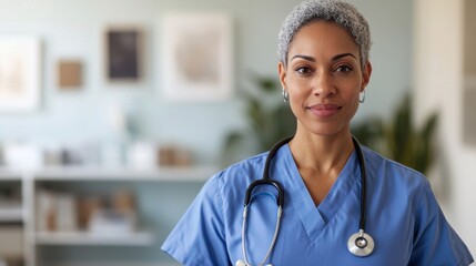 Confident female healthcare professional in scrubs standing in modern clinic, ready to provide patient care and support, looking directly at the camera with a warm smile.