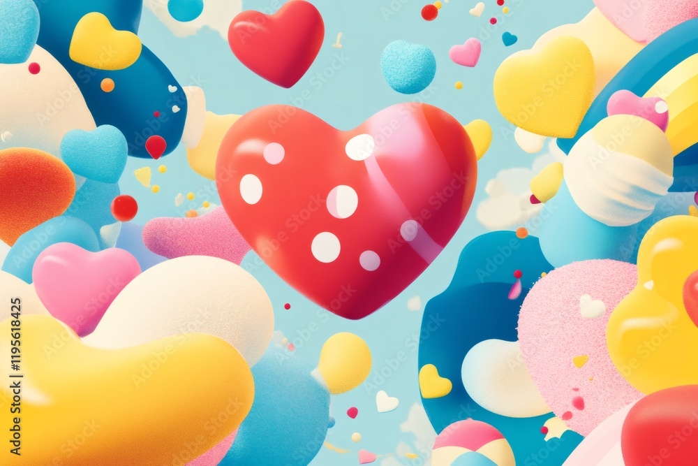 Poster playful colorful heart shaped balloons floating on a light blue sky, creating a joyful and romantic 