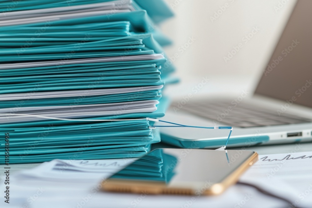 Poster a close-up view of stacked files and a smartphone on a desk next to a laptop, symbolizing organizati