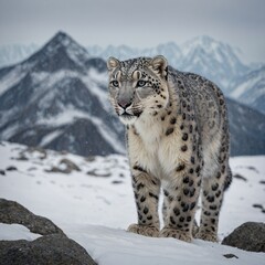 "A beautiful snow leopard blending into a snowy, mountainous landscape."Snow Leopard in Mountainous Terrain – Endangered Big Cat of the Himalayas.snow leopard in snow
