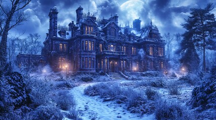 A Grand Victorian Mansion in a Snowy Winter Night