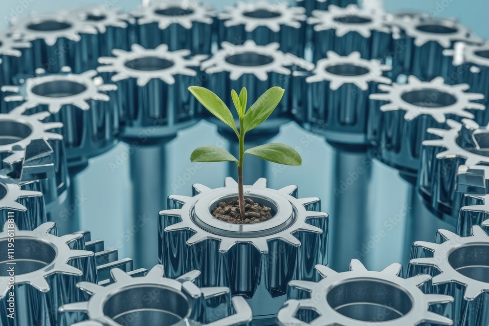 Poster A small plant sprouts amidst a complex network of metallic gears, symbolizing growth and innovation within a structured system.