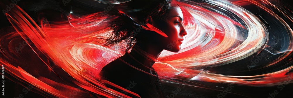 Aufkleber person surrounded by vibrant swirling lines and abstract shapes in an artistic expression of motion 