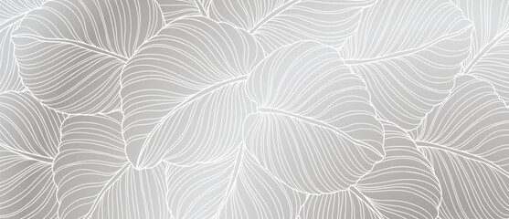 Silver abstract background with nature leaf pattern. Leaves hand drawn in line art style for fabric, print, cover, banner, invitation, wallpaper