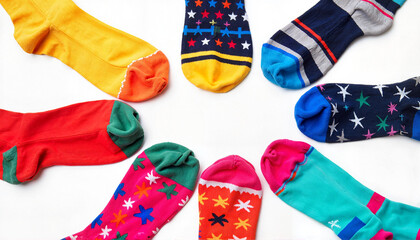 Fototapeta premium Vibrant mismatched socks arranged in heart shape, celebrating uniqueness