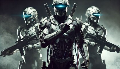 Fototapeta premium Modern army war cyborgs content created with generative AI software.