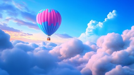 Fototapeta premium Hot Air Balloon Above the Clouds - A pink and blue hot air balloon floats serenely above a sea of fluffy white clouds, bathed in soft sunlight.