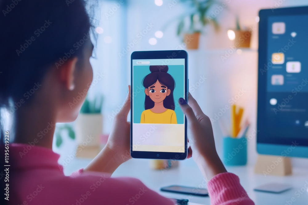 Poster female designer creating personalized avatar using editing software on tablet in comfortable home of