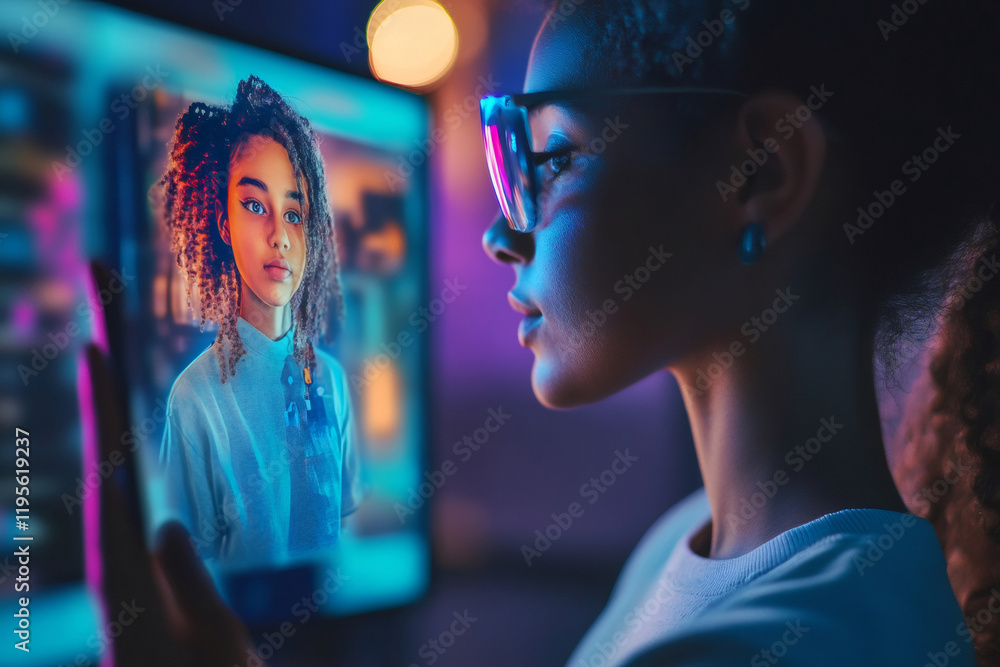Poster young female developer customizing her avatar in a metaverse app using a computer and a smartphone i