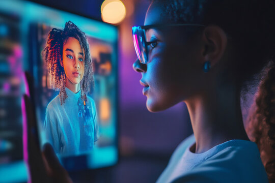 Young female developer customizing her avatar in a metaverse app using a computer and a smartphone in a neon lit environment
