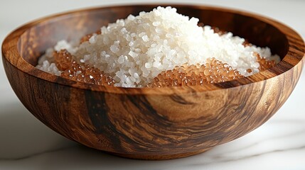 Wooden bowl filled with white and brown bath salts.