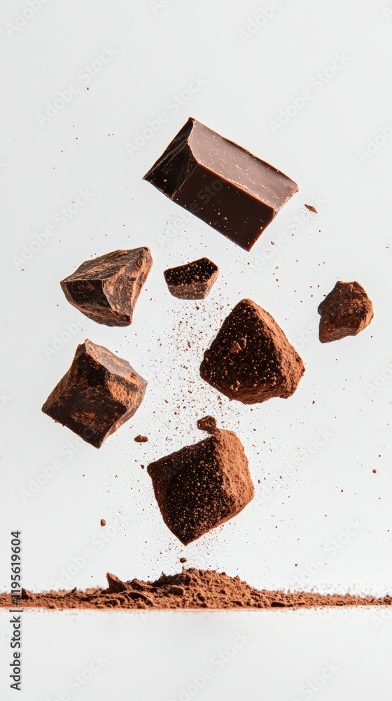 Aufkleber Different types of chocolate chunks and cocoa powder are levitating on a white background, creating a visually appealing scene that emphasizes the rich texture and aroma of chocolate