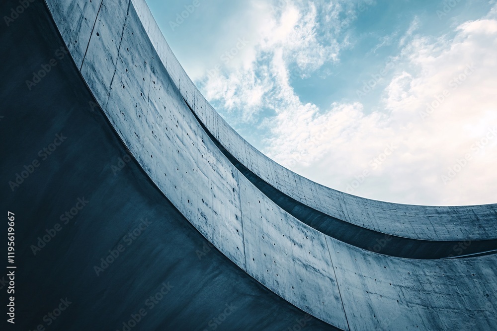 Poster modern concrete architecture showing curves and cloudy sky