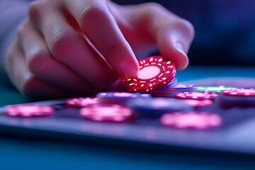A hand delicately places vibrant chips on a casino table during an exciting gaming session