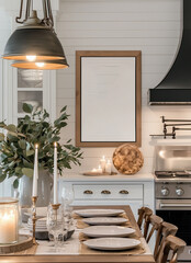 A kitchen corner in bright tones, featuring a table set for lunch. A mockup image is hanging on the white wall. Template for design.