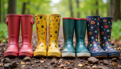 Colorful waterproof boots lined up on muddy path in nature, playful style