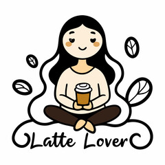 STICKER DESIGN Of A cheerful pop girl sitting cross-legged with a latte in hand, surrounded by coffee beans and swirls