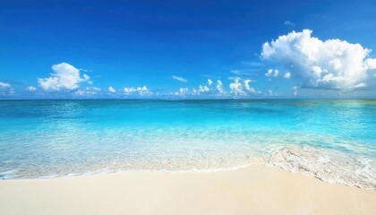 pristine turquoise ocean waves washing over white sandy beach under a clear blue sky with fluffy clouds, perfect for travel ads