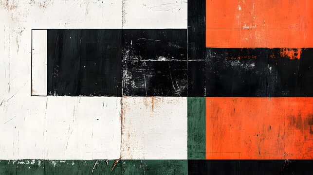 A dramatic abstract composition featuring sharp contrasts between bold black lines and vivid blocks of orange, green, and white, with textured details that add intrigue and visual interest 