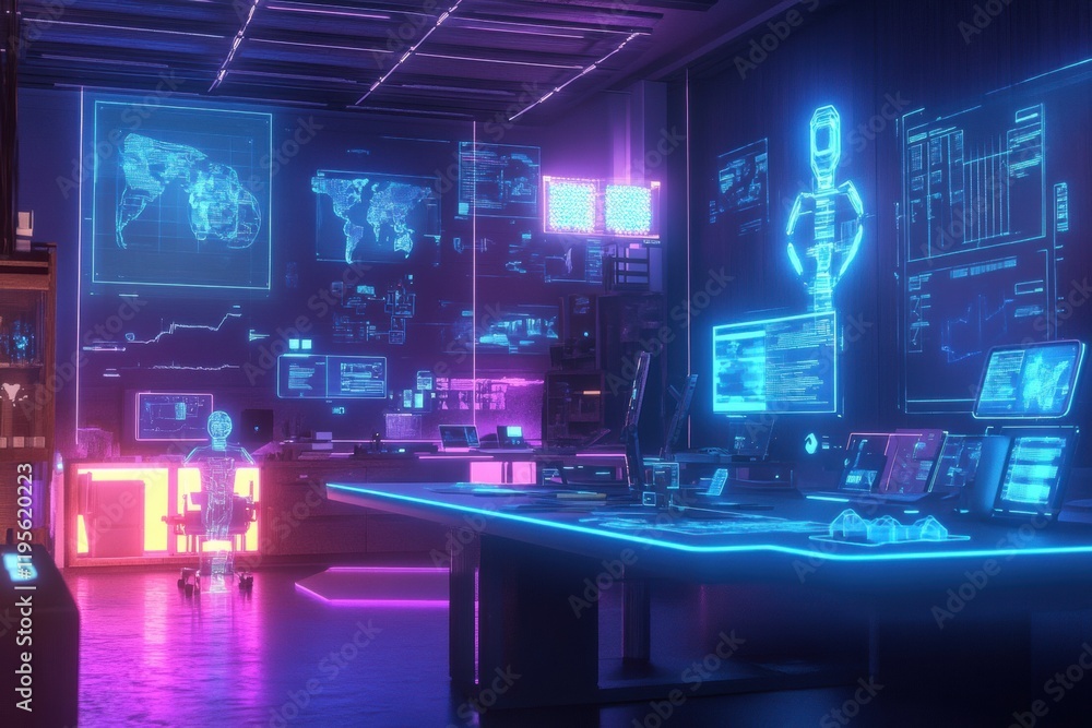 Leinwandbilder workspace featuring digital avatars within a modern futuristic design filled with vibrant neon light