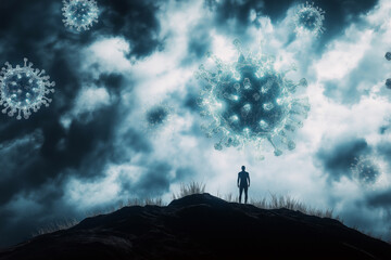 Fototapeta premium A stormy sky filled with giant glowing viral particles, with a lone figure standing on a hill looking upward.