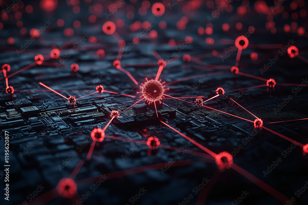 Poster conceptual representation of a virus spreading through a city, with glowing red dots connecting loca