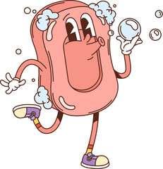 Cartoon groovy soap bar character with bubbles and foam, expressing relaxed and carefree y2k vibes. Isolated vector playful cleaning and washing retro personage for hygiene, cleanliness, personal care