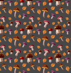 Seamless pattern of watercolor illustrations of forest mushrooms, gifts of nature on a brown background