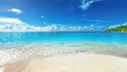 Obraz premium pristine turquoise ocean waves washing over white sandy beach under a clear blue sky with fluffy clouds, perfect for travel ads