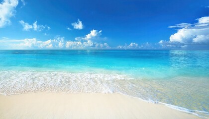 pristine turquoise ocean waves washing over white sandy beach under a clear blue sky with fluffy clouds, perfect for travel ads