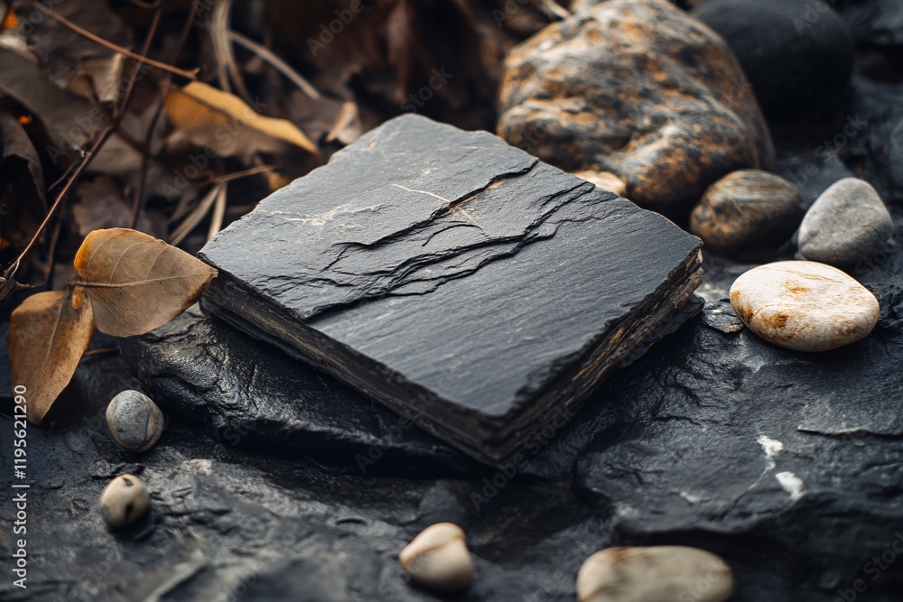 Poster stack of shale tiles resting on rocks with dry leaves