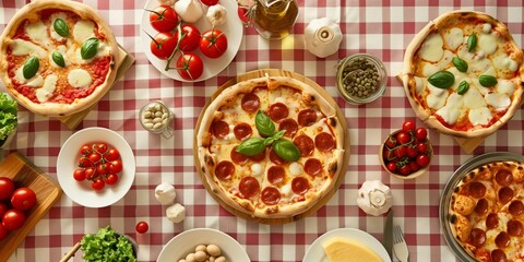 A delicious assortment of pizzas with fresh ingredients like tomatoes, basil, and garlic on a red and white checkered tablecloth, creating a cozy Italian dining atmosphere