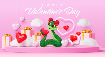 Obraz premium Funny cartoon snake with hearts on Valentine day pink podium, vector greeting card. Happy Valentine Day or love holiday with snake on pink podium with heart balloons, love messages and gifts in clouds