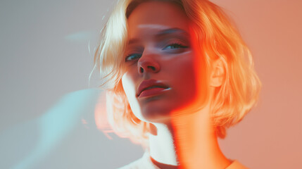 A serious young blonde woman with short hair in a photo portrait, illuminated from behind with a blurred bokeh background.