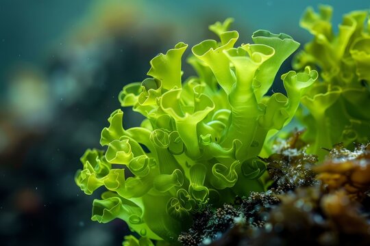 Close up view of bright green sea lettuce growing on a rock - Powered by Adobe