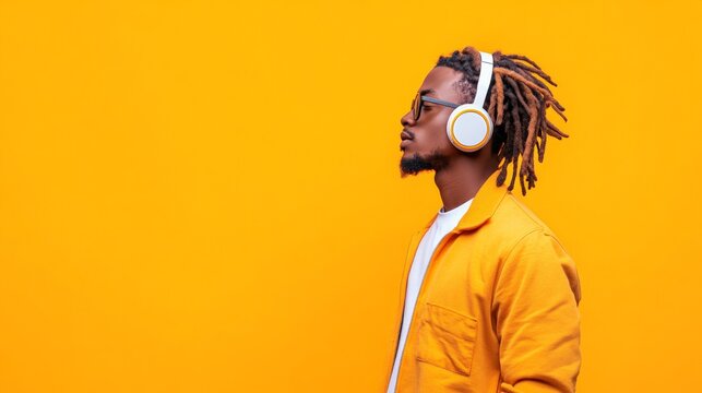Young man with dreadlocks wearing headphones and casual clothes is enjoying music with closed eyes on yellow background in a studio shot with copy space