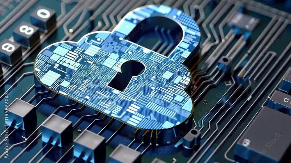 Poster digital security lock on a circuit board representing cybersecurity.